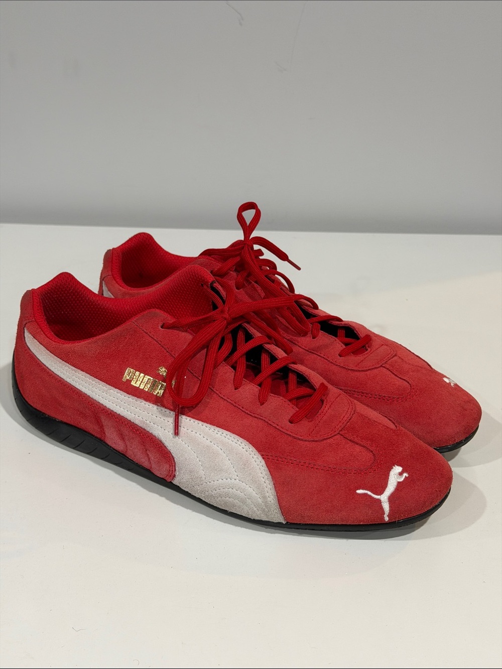Puma Red Speedcat OG Suede Sneakers with White Formstrip and Gold Logo